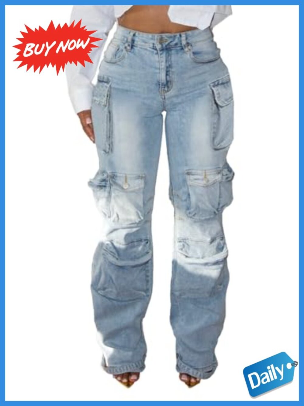 Rhinestone Cargo Jeans Baggy Ripped Stretchy Denim Pants
